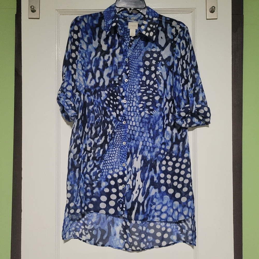 Chicos Blue Patterned Button-Up Blouse Sz 0